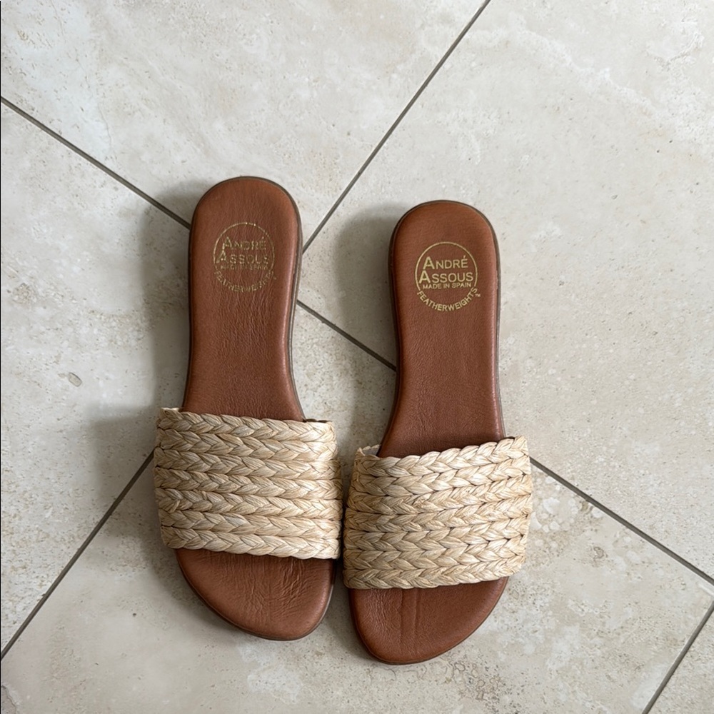 Andre Assous Tan Slide Sandals with Braided Strap